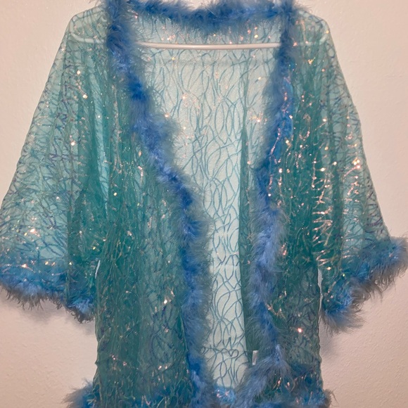 Blue Sheer Feather Trim Kimono - Picture 1 of 6